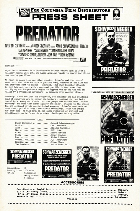 Predator Australian Press Sheet Arnold Schwarzenegger (3) Predator Australian Press Sheet Arnold Schwarzenegger (3)
